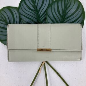 Fossil Mint Green Brass Bifold Zip Around Snap Cow Hide Leather Pockets Wallet